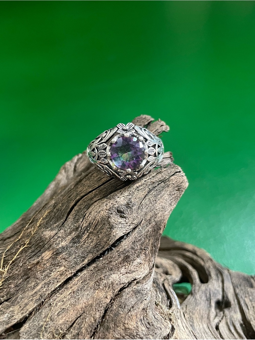 Alexandrite Gem Stone .925 Sterling Silver Ring Size 9.5 Engraved Ornate Floral